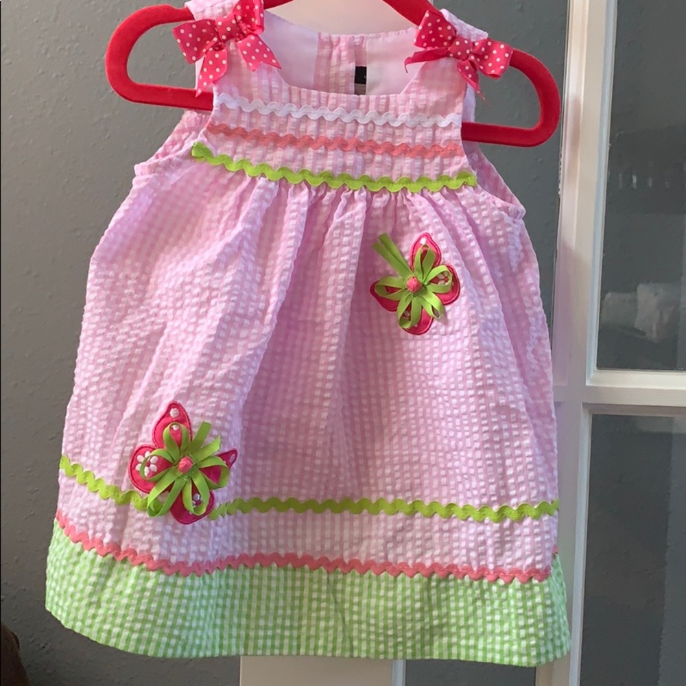 Pink, green and white seersucker dress